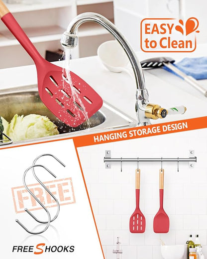 Pack of 2 Silicone Spatula, Non Stick Cooking Utensil Set Wooden Handle Kitchen Turner for Baking Mixing Grilling Serving Food Heat Resistant Non Scratch Hooks Included (Red) - Image 4