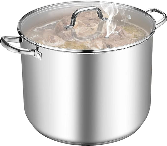 TeamFar Stainless Steel Stock Pot, 24QT Large Stockpot Tri-ply Bottom Cooking Soup Pot with Glass Lid, for Induction Gas Glass Stovetops, Non Toxic & Heavy Duty, Large Size & Easy Clean by TeamFar