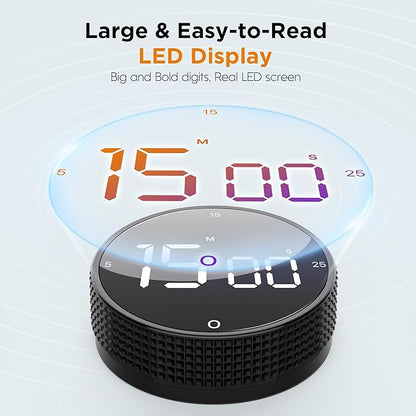 Upgrade Digital Kitchen Timer - Magnetic Countdown Countup Visual Pomodoro Timer with Large LED Display, 3-Preset Times (5, 15, 25), 3 Volume Levels, Ideal for Cooking, Baking and Fitness (1, Black) - Image 2