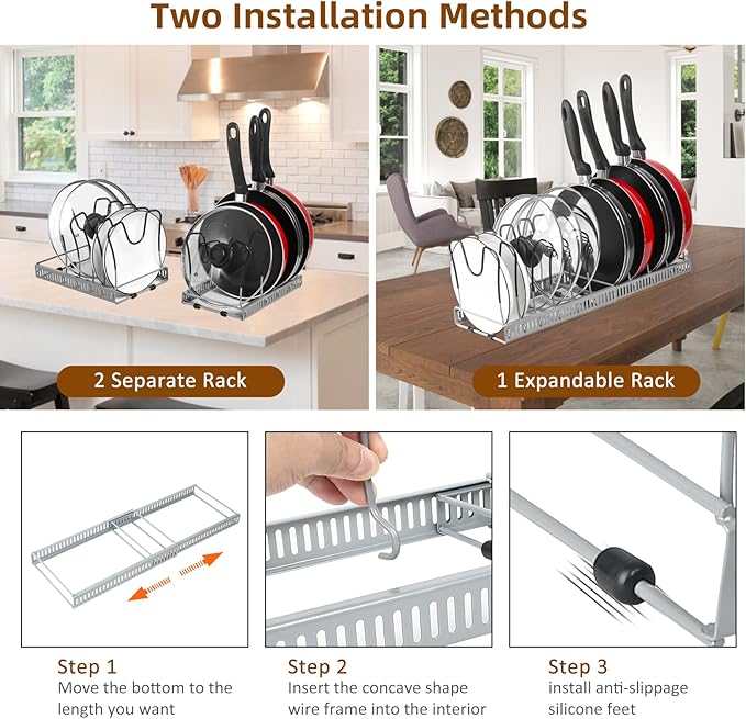 ROOHUA Pot Rack Organizer -Expandable Pot and Pan Organizer for Cabinet,Pot Lid Organizer Holder with 10 Adjustable Compartment for Kitchen Cabinet Cookware Baking Frying Rack Grey - Image 5