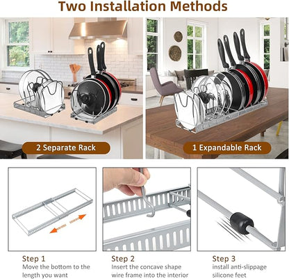 ROOHUA Pot Rack Organizer -Expandable Pot and Pan Organizer for Cabinet,Pot Lid Organizer Holder with 10 Adjustable Compartment for Kitchen Cabinet Cookware Baking Frying Rack Grey - Image 5