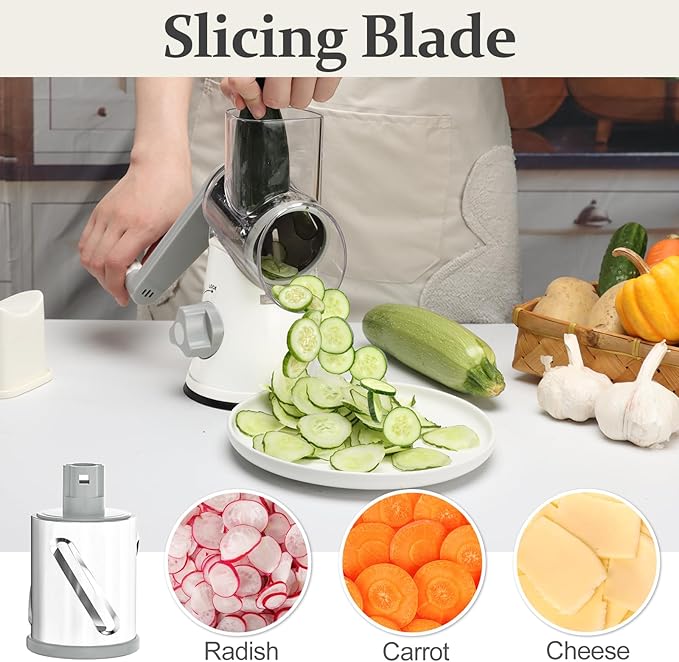 Cambom 5 in 1 Rotary Cheese Grater Hand Crank Cheese Shredder for Fresh Cheese, Vegetable, Nuts,Non-slip Suction Base, Five Blades, White - Image 5