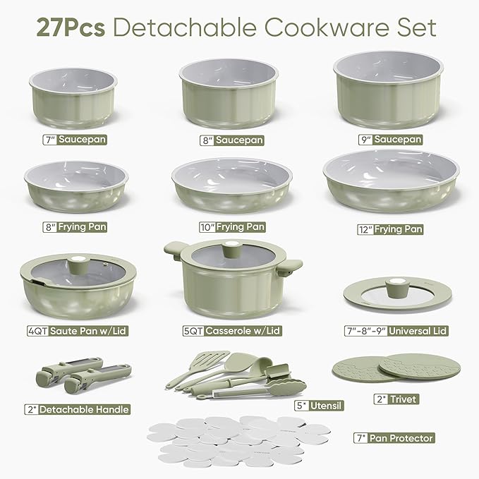 CAROTE 27pcs Ceramic Cookware Set Nonstick, Pots and Pans Set Non Stick, Non Toxic Cookware Detachable Handles, Dishwasher/Oven Safe, RV/Camping Cookware, Pan and Pot with Kitchen Utensils, Green - Image 2
