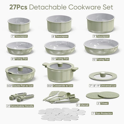 CAROTE 27pcs Ceramic Cookware Set Nonstick, Pots and Pans Set Non Stick, Non Toxic Cookware Detachable Handles, Dishwasher/Oven Safe, RV/Camping Cookware, Pan and Pot with Kitchen Utensils, Green - Image 2