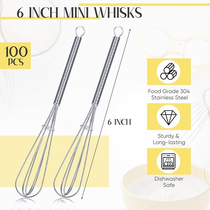 Baderke 100 Pcs Mini Whisk Bulk Small Whisks for Cooking 304 Stainless Steel Tiny Whisk for Baking, Whipping, Beating Eggs, Mixing Sauces, Blending Ingredients (6 Inch) - Image 2