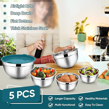 TeamFar Mixing Bowl Set of 5, Stainless Steel 4.5/3/1.5/1/0.7 QT Metal Nesting Salad Bowls with Lids, Ideal for Mixing Serving Tossing, Non-Toxic & Sturdy, Airtight Lid & Easy Clean, Blue - Image 3