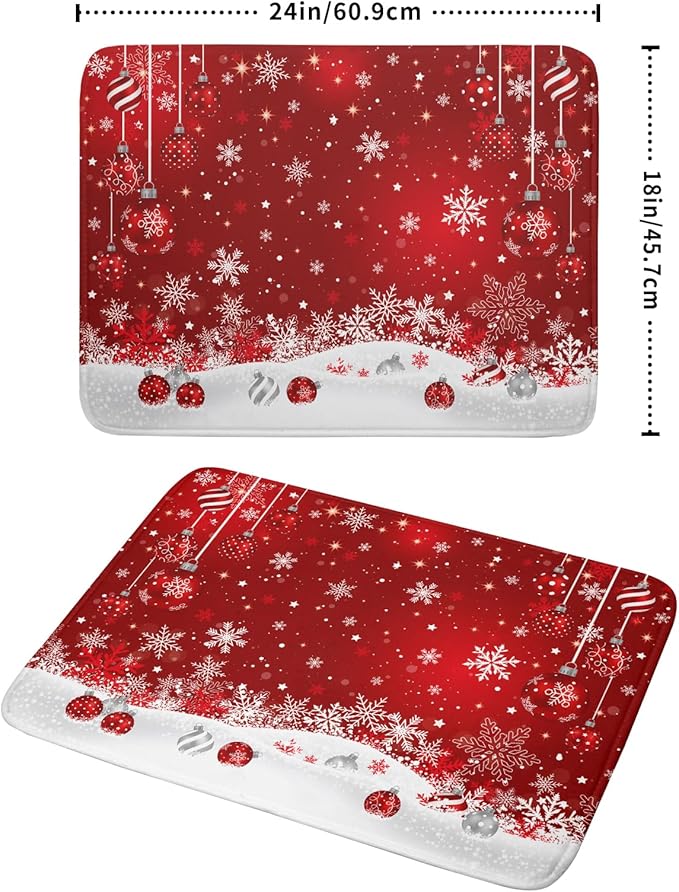 Giwawa Xmas Balls Dish Drying Mat for Kitchen Countertop Winter Red White Snowflakes Dish Drainer Mats 18x24inch Reversible Dish Drying Rack Pad Protector for Dining Holiday New Year Decor