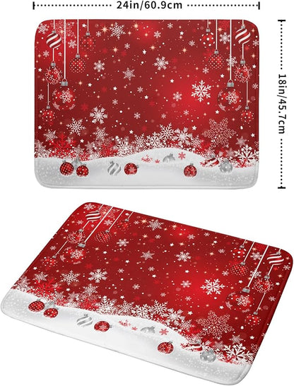 Giwawa Xmas Balls Dish Drying Mat for Kitchen Countertop Winter Red White Snowflakes Dish Drainer Mats 18x24inch Reversible Dish Drying Rack Pad Protector for Dining Holiday New Year Decor