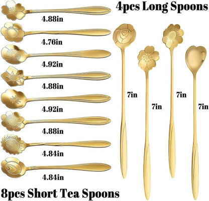 12 Pcs Flower Coffee Tea Spoons Set with Storage Bag, 4 Long & 8 Short Stainless Steel Teaspoons for Sugar Dessert Ice Cream Stirring, Cute Fancy Tableware for Tea Party Kitchen Cafe Bar(Gold)