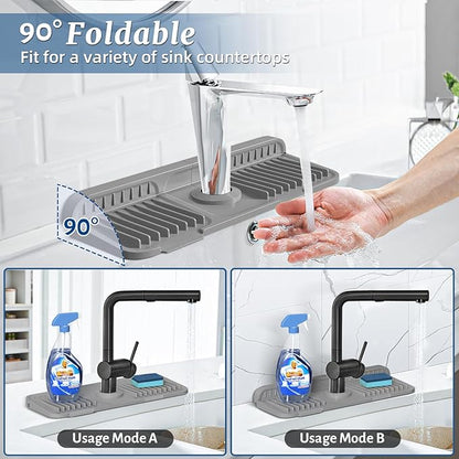 PoYang 14.6 inch Faucet Mat for Kitchen Sink Splash Guard, 7° Slope Silicone Sink Water Splash Guard for Kitchen Sink Area with Snap Button, Small Sink Protectors for kitchen Sink Sponge Holder, Grey