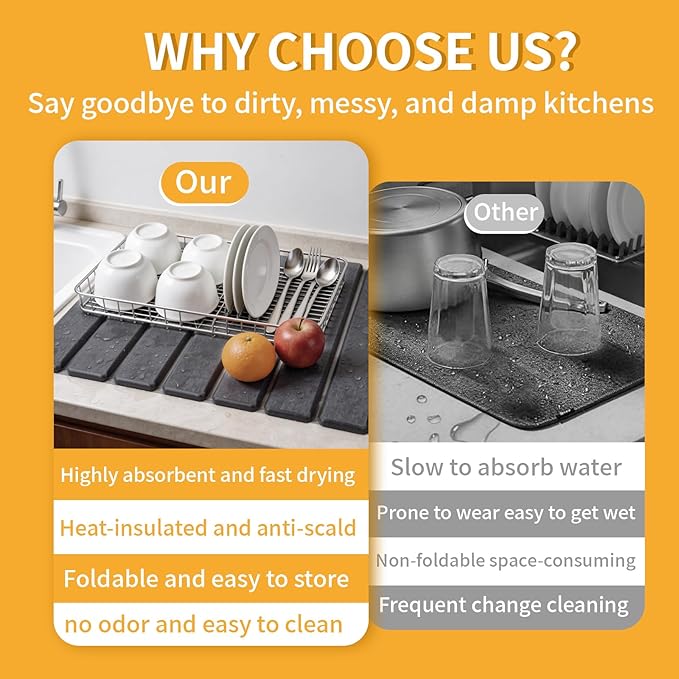 Stone Dish Drying Mat for Kitchen Counter, 16''×12'' Quick Dry Stone Dishes Mats Foldable Foldable Water Absorbing Diatomaceous Earth Drying Organizer Pad for Dishes Utensils Bottles(Dark Gray) - Image 4