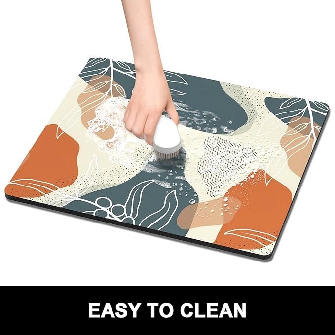 Rnivvi Dish Drying Mat for Kitchen Counter, 16 x 18" Cute Boho Theme Absorbent Heat Resistant Drying Pad with Non-slip Rubber, Coffee Bar Mats for Coffee Machine Dish Rack, Abstract Leaves - Image 6