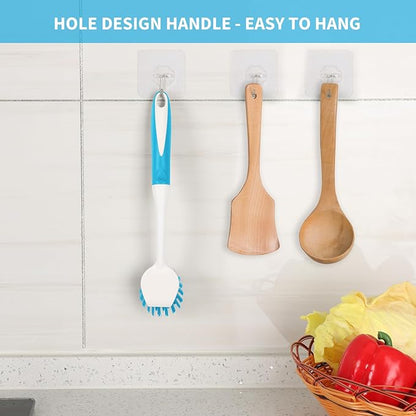 Dish Brush with Handle, 2 Pack Scrub Brushes with Built-in Scraper for Cleaning Kitchen, Pots, Pans and Sink, Scrubber Washing Tools, Blue - Image 6