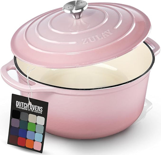 Zulay Kitchen 5 Quart Enameled Cast Iron Dutch Oven Pot with Lid – Premium Durability & Oven Safe up to 500°F – Heavy Duty Cookware Perfect for Bread Baking, Stews, Braising & Roasting – Pink by ZulayKitchen