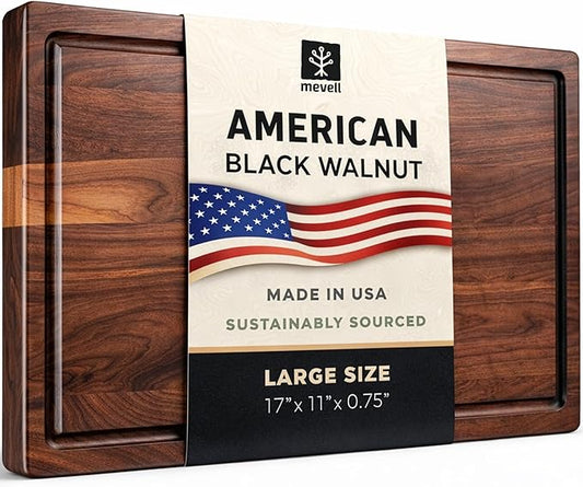 Walnut Wood Cutting Board for Kitchen, Reversible Wooden Cutting Board With Juice Grooves - Chopping Board, Charcuterie Serving Tray Made in USA (Walnut, 17x11x0.75) by Mevell