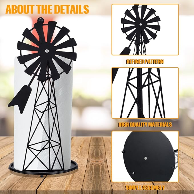 Vesici Windmill Paper Towel Holder Western Farmhouse Standing Paper Towel Roll Holder Black Countertop Metal Farm Decor Rustic Country Kitchen Rack for Kitchen Bathroom Home, 14.4 Inch