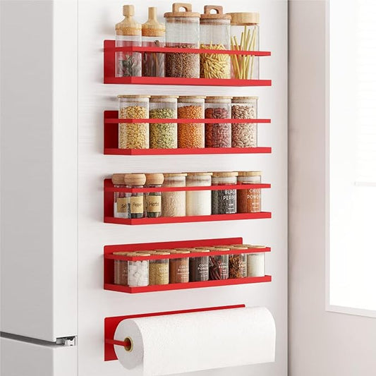 Magnetic Spice Rack For Refrigerator, Space Saving Magnetic Shelf For Fridge Red 4 Pack With Magnetic Paper Towel Holder by Roysili