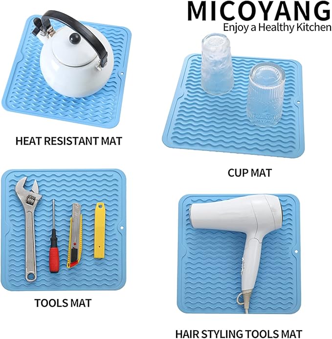 MicoYang Silicone Dish Drying Mat for Multiple Usage,Easy clean,Eco-friendly,Heat-resistant Silicone Mat for Kitchen Counter or Sink,Refrigerator or Drawer liner Light Blue M 12 inches x 12 inches - Image 4