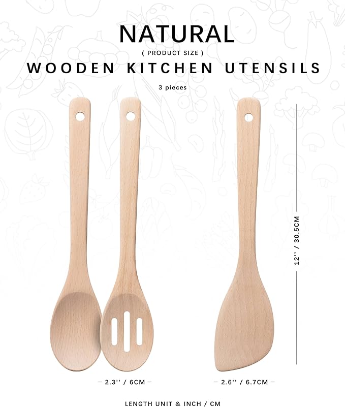 Wooden Spoons for Cooking, 3-Piece Wood Utensil Set Includes Slotted Spoon, Spoon & Wooden Spatula for Cooking – Uncoated Beech Wood Kitchen Utensil Set – 12 Inch Hardwearing Tools - Image 2