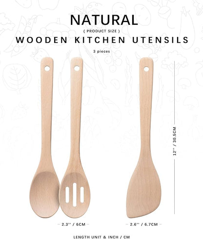 Wooden Spoons for Cooking, 3-Piece Wood Utensil Set Includes Slotted Spoon, Spoon & Wooden Spatula for Cooking – Uncoated Beech Wood Kitchen Utensil Set – 12 Inch Hardwearing Tools - Image 2