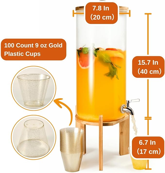Glass Beverage Dispenser with Bamboo Stand and Lid, Iced 2.9 Gallon Drink Server with 304 Spigot,Large Thick Glass Drink Dispenser for Parties,Hotels,Restaurants, with 9 oz 100 clear Gold Plastic Cups