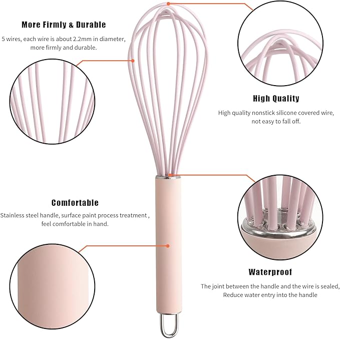 GorGin high temperature and easy to clean silicone whisk, wisk,stirrer, 10 inch, grip good grip design for Blending Whisking Beating Stirring Cooking Baking (1 Pack | Pink) - Image 2