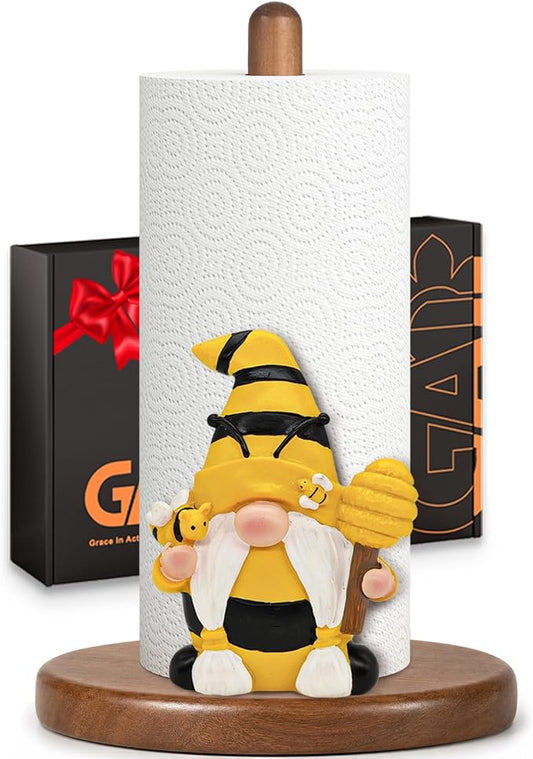 Paper Towel Holder, Honey Bee Kitchen Decor, Cute 3D Gnome Gifts for Women Mom Grandma, Wooden Freestanding Countertop Stand for Standard & Jumbo Rolls