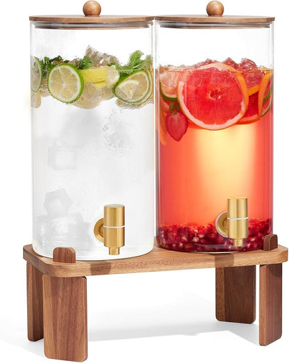 2 PCS 1.5 Gallon Drink dispenser, Glass Beverage Dispenser With Wood Stand, Large Water Drink Dispensers for Parties With Stainless Steel Spigot, Ideal for Lemonade,Juice, Tea, and Party Drinks by FavorFlavor