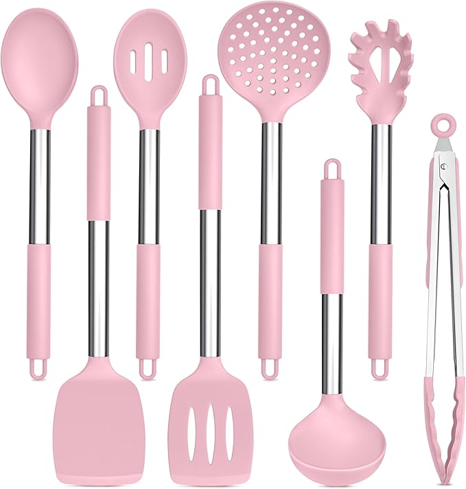 TeamFar Kitchen Utensils Set of 8, Silicone Utensils Kitchen Tools Set with Stainless Steel Handle, for Frying Serving Flipping Draining, Non-toxic & Heatproof, Nonstick & Dishwasher Safe - Pink by TeamFar