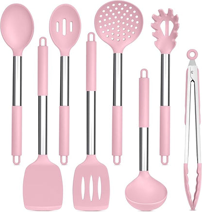 TeamFar Kitchen Utensils Set of 8, Silicone Utensils Kitchen Tools Set with Stainless Steel Handle, for Frying Serving Flipping Draining, Non-toxic & Heatproof, Nonstick & Dishwasher Safe - Pink by TeamFar