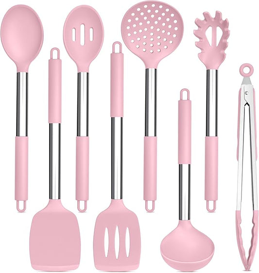 TeamFar Kitchen Utensils Set of 8, Silicone Utensils Kitchen Tools Set with Stainless Steel Handle, for Frying Serving Flipping Draining, Non-toxic & Heatproof, Nonstick & Dishwasher Safe - Pink by TeamFar