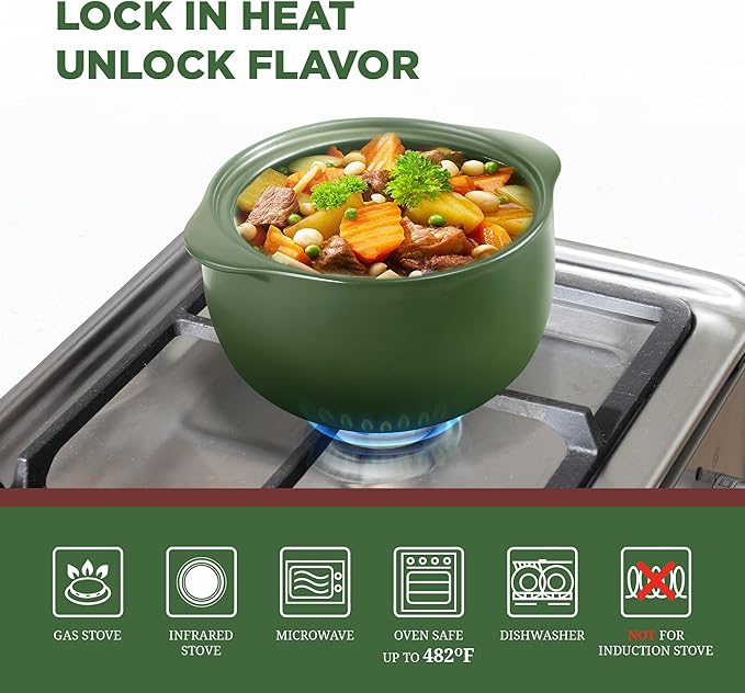 MINH LONG 1-Qt Porcelain Dutch Oven with Lid – Lead & Cadmium Free, Oven Safe to 482°F, Heat Retention, Clay Pot for Cooking on Gas & Infrared Cooktop, Use to Marinate, Cook, Bake, Refrigerate & Serve
