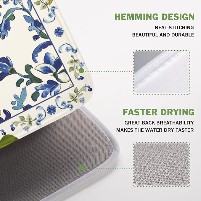 Lemon Dish Drying Mat 18x16 Inch, Blue Tiles Drying Mat with Absorbent Reversible Microfiber, Italian Olive Tree Dish Drainer Mats Summer Rack Pad for Coffee Countertop Kitchen Protector