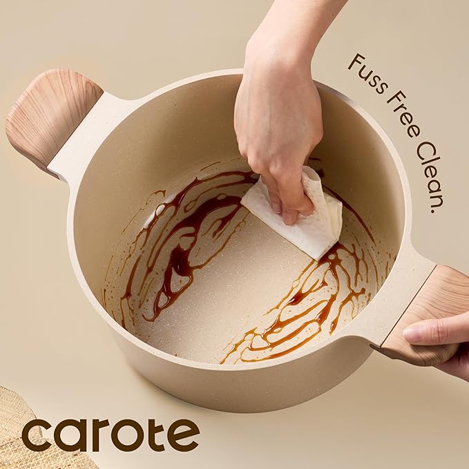 CAROTE 5 Qt Nonstick Stock Pot with Lid Soup Pot, Ceramic 5 Quart Casserole with Lid, Easy to Clean Non Stick Cooking Pot Cookware PFOA Free, Ceramic Oatmeal - Image 3
