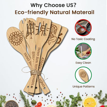 CUTHOLLOW 6PCS Taino Element Wooden Kitchen Cooking Utensil Set, 11.9in Non Toxic Bamboo Wood Spoon Set for Cooking, Best Housewarming Birthday Thanksgiving Christmas Gift for Women Mother