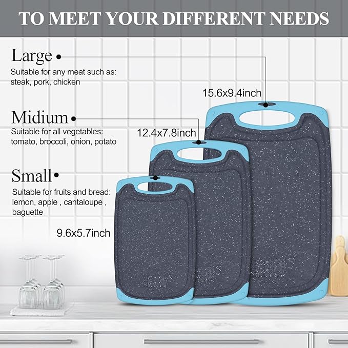 Plastic Cutting Board, 3 Pieces Dishwasher Safe Cutting Boards with Juice Grooves, Easy Grip Handle, Non-Slip, with Grinding Area for Grinding Garlic and Ginger（aqua） - Image 3