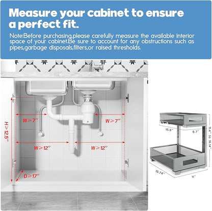 1 Pack-11.4"-16.14" H Under Sink Storage Organizer, Large 2-Tier Elegant Mesh Pull Out Shelf for Kitchen & Bathroom Cabinet Organization, L-Shaped, Adjustable Height-Gun Gray - Image 2