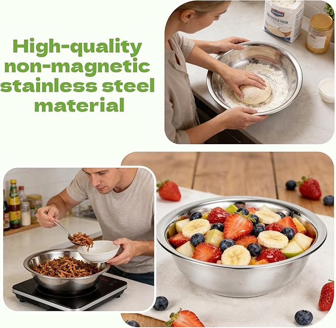 10 PCS Stainless Steel Mixing Bowls 13 Inch 8 Qt Extra Large Metal Basin with Mirror Finish, Heavy-Duty Salad Dough Bowl Kitchen Prep Bowl Dishwasher Safe Dish Tub for Home & Commercial Cooking