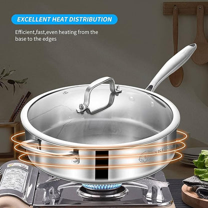 LOLYKITCH 10 Inch Tri-Ply Stainless Steel Sauté Pan with Lid,3 QT Deep Frying Pan,Small Skillet,Jumbo Cooker,Induction Cooking Pan,Dishwasher and Oven Safe,Detachable Handle - Image 5