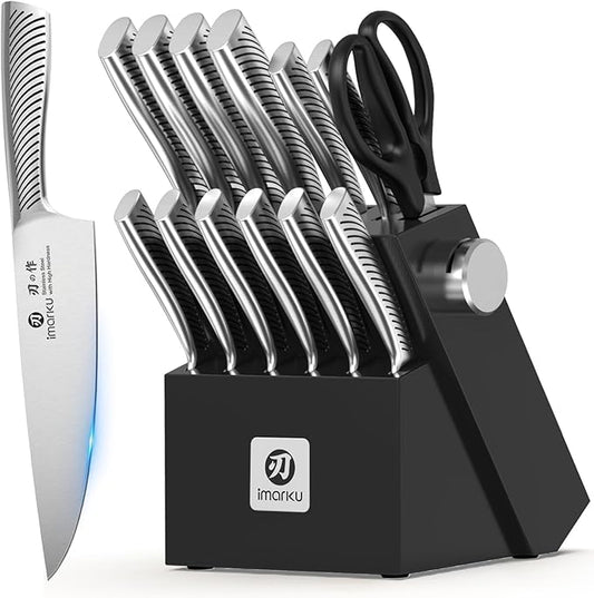 imarku 14-Piece Knife Block Set, Knife Set with Block and Build-in Sharpener, Japanese Stainless Steel Knife Set for Lasting Sharpness, Dishwasher Safe, Black by imarku