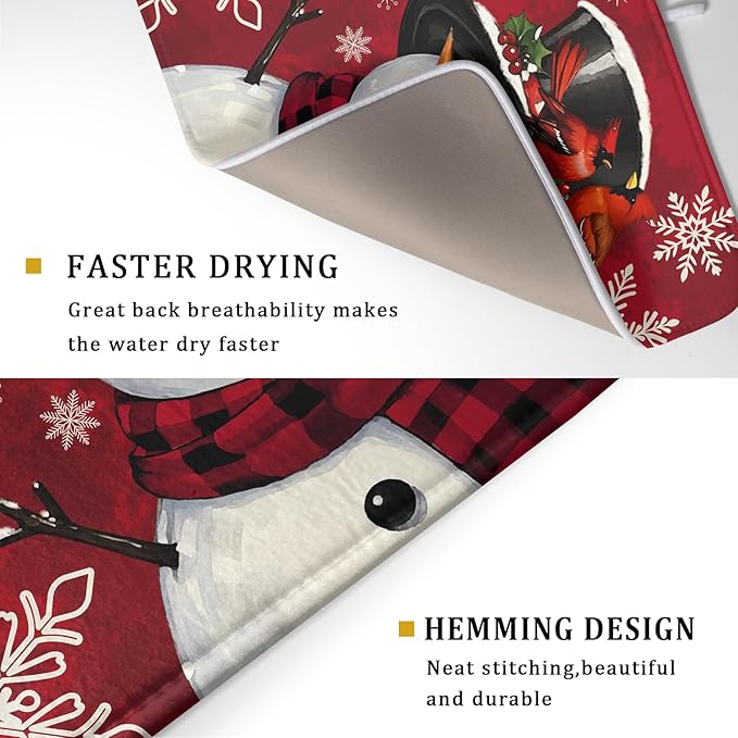 Christmas Snowman Dish Drying Mat for Kitchen Counter 18x24 Xmas Snowflake Winter Holiday Dark Red Absorbent Reversible Microfiber Drying Mats Kitchen Countertop Protector Dishes Drainer Rack Pad - Image 3