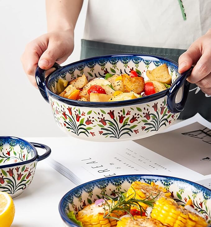 Vintage Style Tulip Flower Pattern Ceramic Bakeware Casserole Dish Baking Pan Lasagna Pans Baking Dish with Handles for Oven/Cooking/Kitchen-1 PCS-32 OZ - Image 6