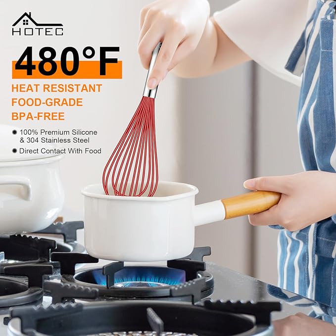 HOTEC 4 Pieces Silicone Whisks Set, Wire Balloon Whisks Egg Beater, Non-slip Handle Whisk for Non-stick Cookware Perfect for Cooking, Stirring, Beating and Blending (Red) - Image 3