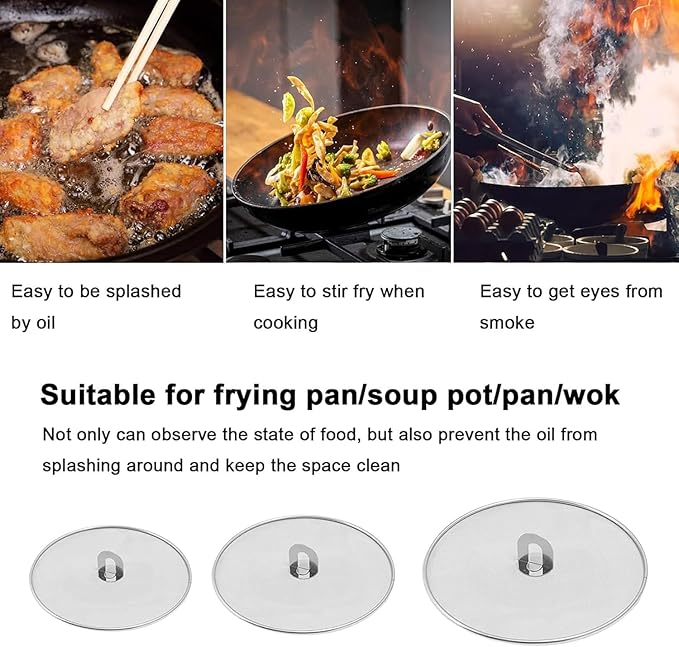Homestia Splatter Screen for Cooking - Stainless Steel Grease Splatter Guard for Frying Pan, No Cooking Oil Mess No burns, Ultra Fine Mesh Lids Set of 3 (10'', 11.5'' 13'') - Image 3