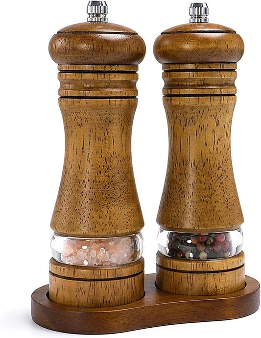 Wooden Salt and Pepper Grinder Set, Premium Oak Wood Salt Grinders Shakers, Pepper Mill with Acrylic Clear Window, Adjustable Ceramic Grinder (6″ - 2 Packs with Tray)