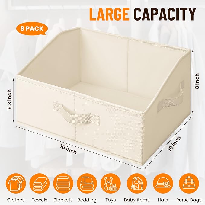 Criusia Closet Organizers Bins 8 Pack - Large Closet Shelf Organizer with Handles - Fabric Trapezoid Home Organization and Storage Baskets for Organizing Clothes Toy Blanket Towel Purse Hats - Image 2
