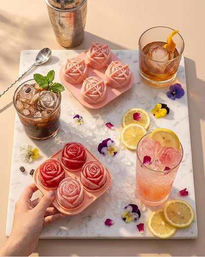 Rose Ice Cube Tray, 4 Cavity 3D Flower Shaped Silicone Ice Mold for Whiskey, Cocktails & Iced Coffee, Novelty Ice Cube Mold for Home Bar & Party Drinks (2Pcs)