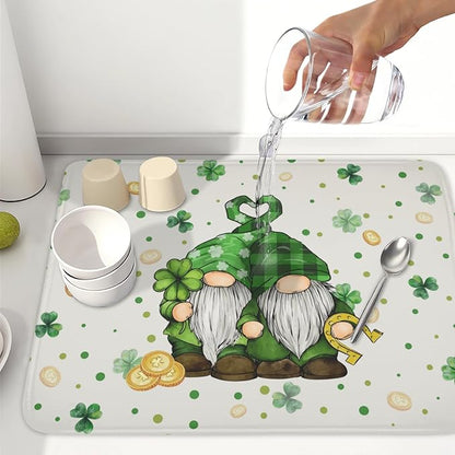 St Patrick's Day Gnome Dish Drying Mat for Kitchen Counter,Inch Lucky Shamrock Gold Coin Drying Mat 18 x 24 Inch with Absorbent Reversible Microfiber Dish Drying Pad for Coffee Bar - Image 6