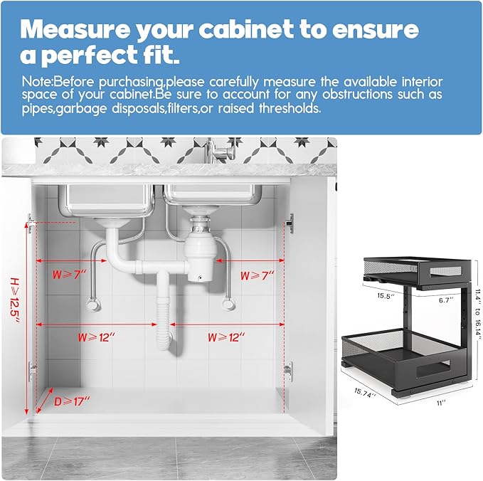 1 Pack-11.4"-16.14"H Under Sink Storage Organizer, Large 2-Tier Elegant Mesh Pull Out Shelf for Kitchen and Bathroom Cabinet Organization, L-Shaped and Adjustable Height Design for Maximum Space-Black - Image 2