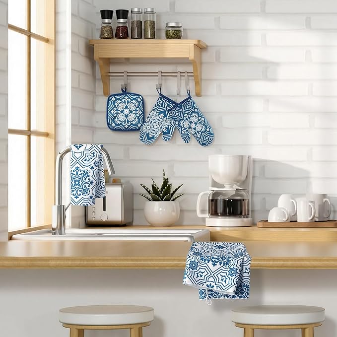 Jingmore 6 Pcs Kitchen Decor Set Accessory Farmhouse Kitchen Towels Pot Holders Oven Mitts Set 2 Dish Towels 2 Pot Holders 2 Cooking Mittens Oven Glove for Cooking (Blue,White,Chinoiserie Printed) - Image 6
